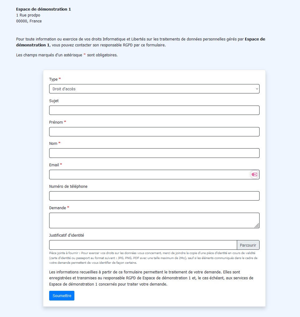 Formulaire web exercice des droits